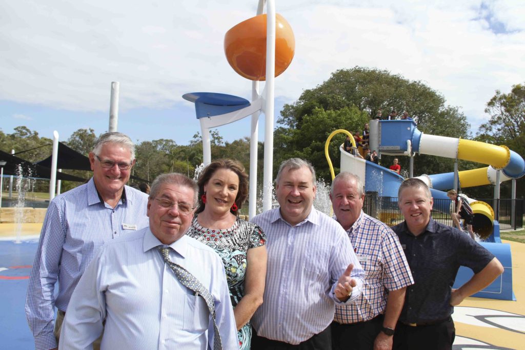 Mayor Jack Dempsey (middle) and Councillors John Learmonth, Ross Sommerfeld, Helen Blackburn, Steve Cooper and Scott Rowleson at the opening of Norville Pool's stage two water play area.