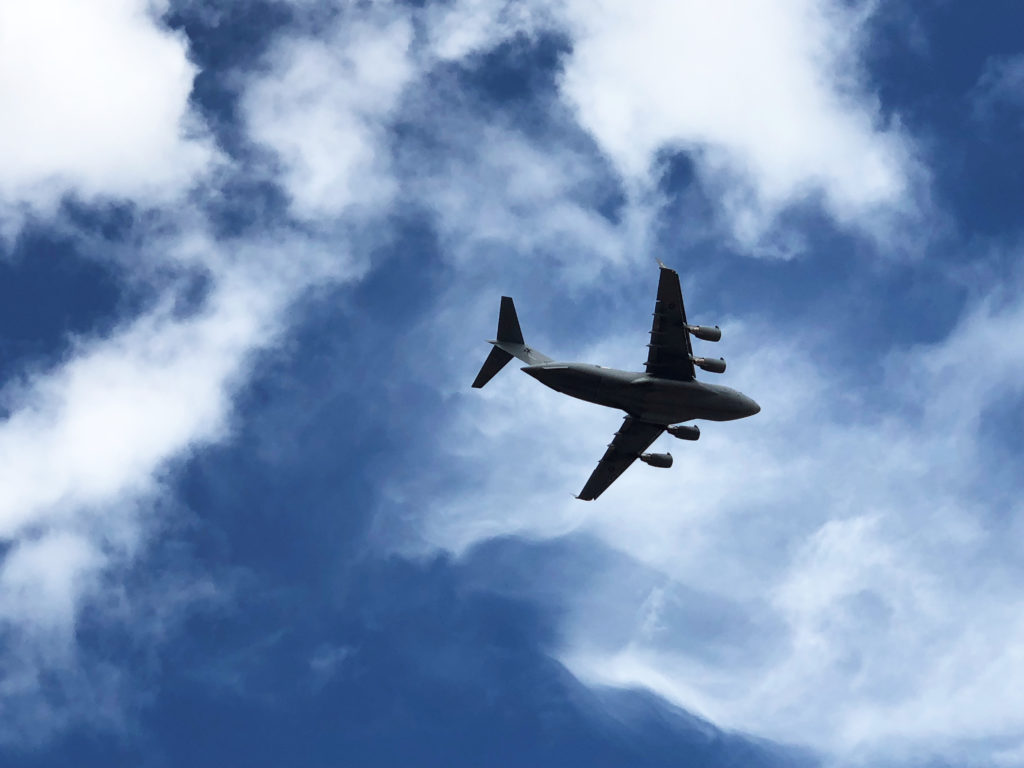 A RAAF Boeing C-17 Globemaster flying over Bundaberg.