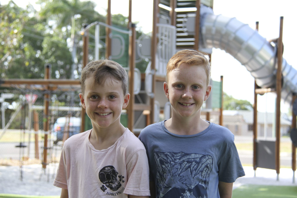 Tane and Kaelin Hart at the Bundaberg Botanic Gardens nature themed playground.