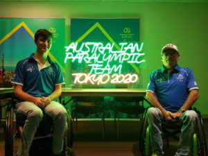 Local wheelchair athlete Nathan Donaldson met with Bundaberg Para shooter Chris Pitt during a Paralympics Australia presentation.