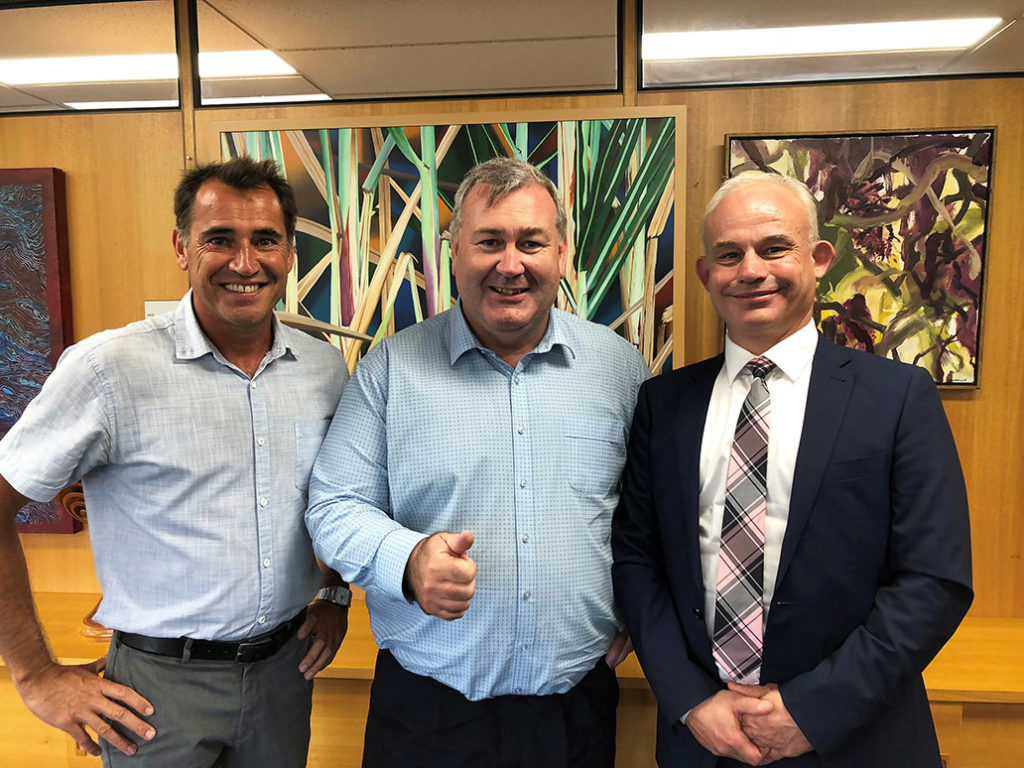 Surfing Scientist Ruben Meerman, Mayor Jack Dempsey and QUT Professor Neil King