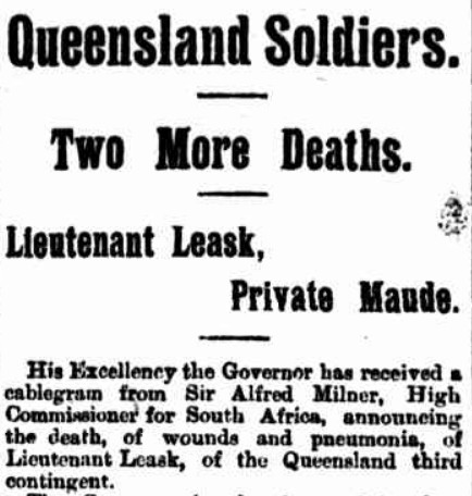 Report from The Telegraph, 23 August 1900, regarding the death of John Leask in the Anglo Boer War