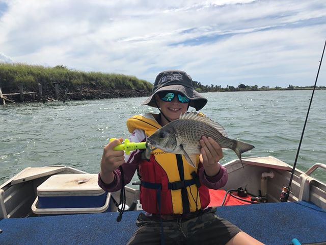 Inshore reefs should be firing this weekend. Rylee Mears with a 35cm bream in Burnett over the school holidays.