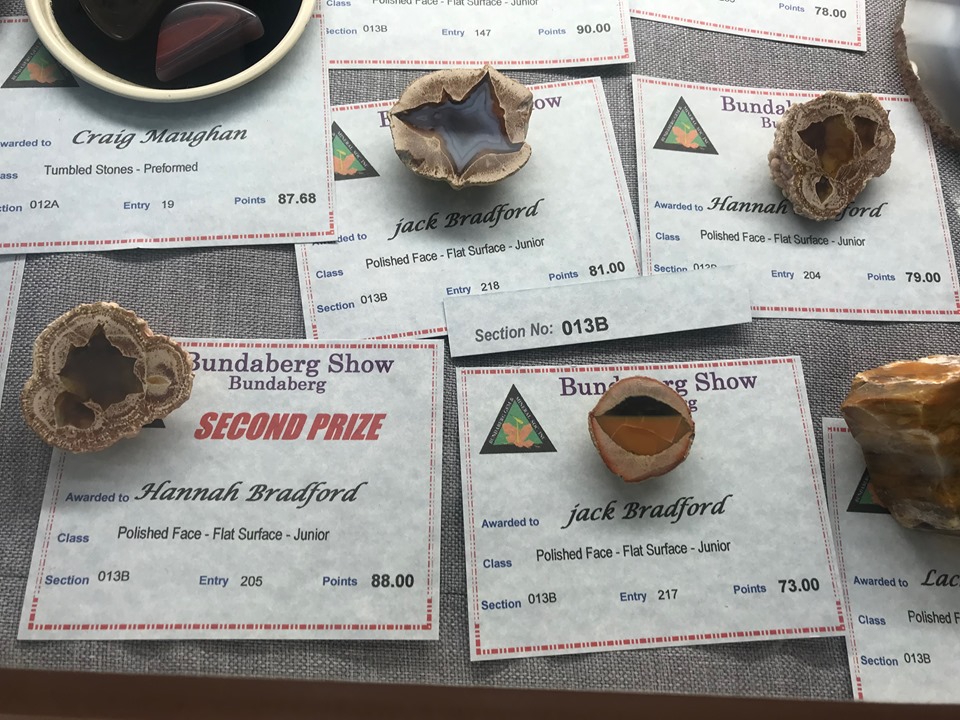 Bundaberg Gem and Mineral Society junior members Hannah and Jack Bradford's rocks on display. Hannah came second for her polished face piece