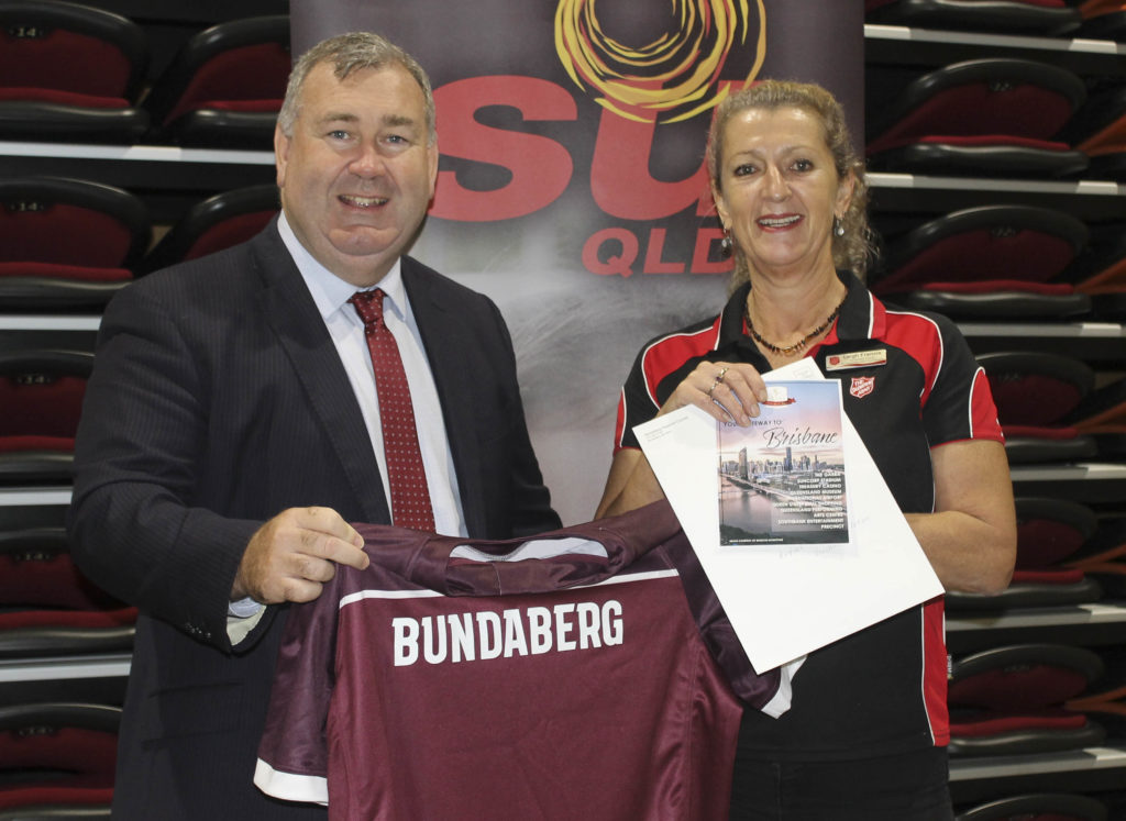 Mayor Jack Dempsey with the lucky winner of the Bundaberg Queensland Maroons jersey