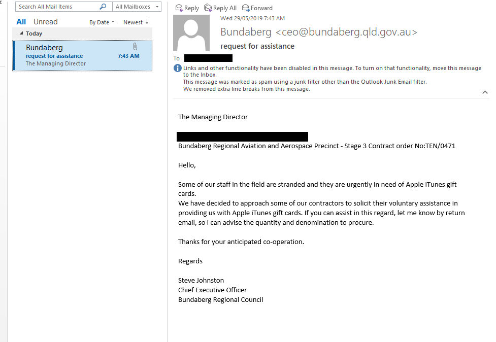 Bundaberg Regional Council was recently alerted to an email scam.