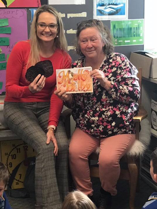 Kalkie State School's Judith Stucthbury with artist Zela Bissett. The artist this week spoke to students about her Plea for Plankton exhibition. 