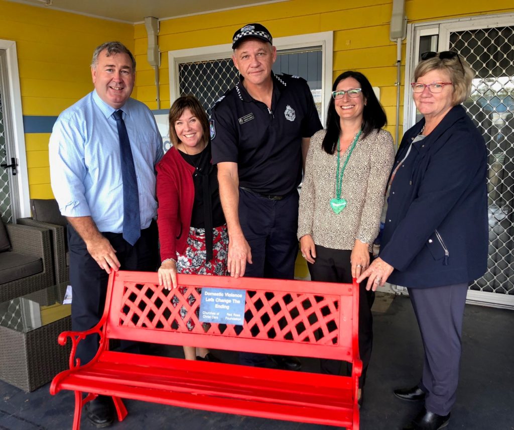 Red Bench supporters: Bundaberg Region Mayor Jack Dempsey and Acting Sergeant Tim Lowth with Churches of Christ Care staff. 