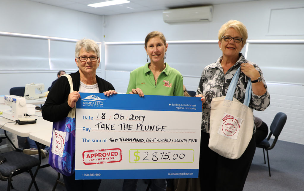 Cr Judy Peters presented funding to Take the Plunge Cafe which went towards their sewing classes. for boomerang bags.