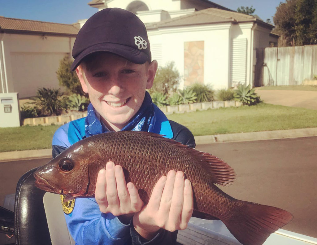 Kayden Stoddart  with a mangrove Jack he caught at the VMR Fishing Classic.