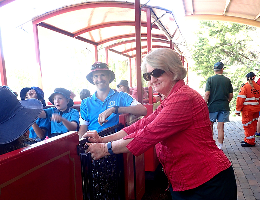 HOLIDAY FUN: Therese makes sure all passengers are ready to ride. 