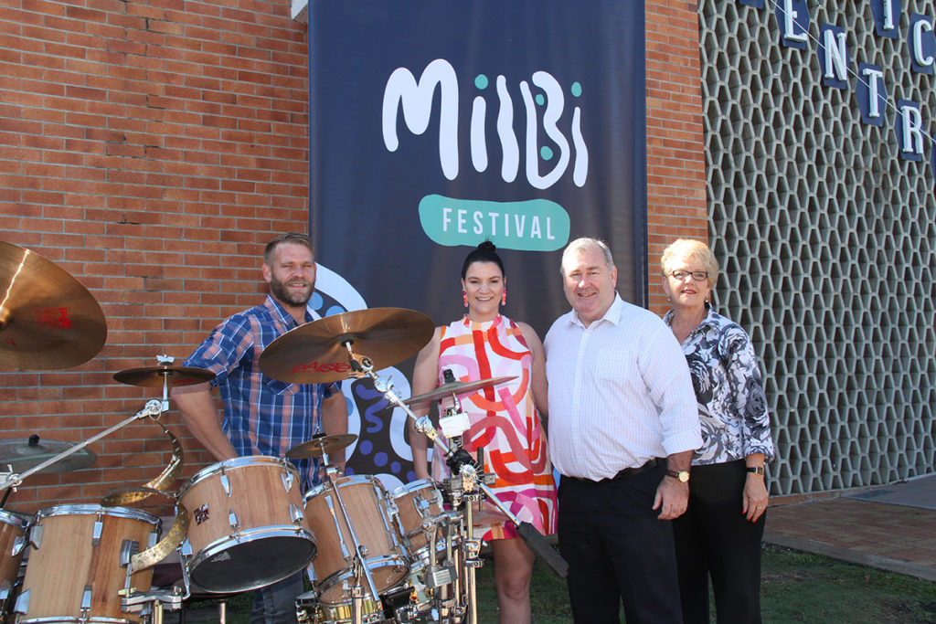 Drummer Dane Costigan, Milbi artist Rachael Sarra, Mayor Jack Dempsey and Cr Judy Peters launch the Milbi Festival in Buss Park,