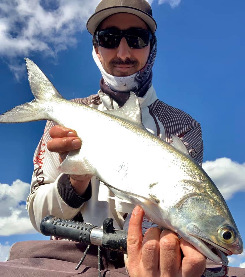 Jesse Spencer with a blue salmon caught in the Burnett River. 