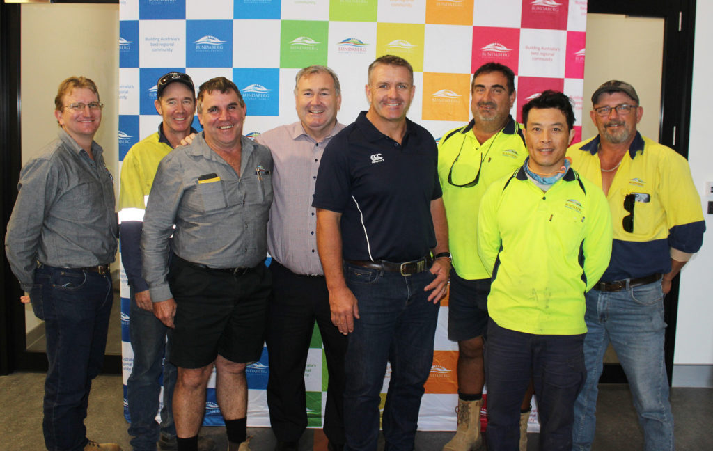 Front Row Safety: Bundaberg Regional Council staff with Mayor Jack Dempsey and Shane Webcke.