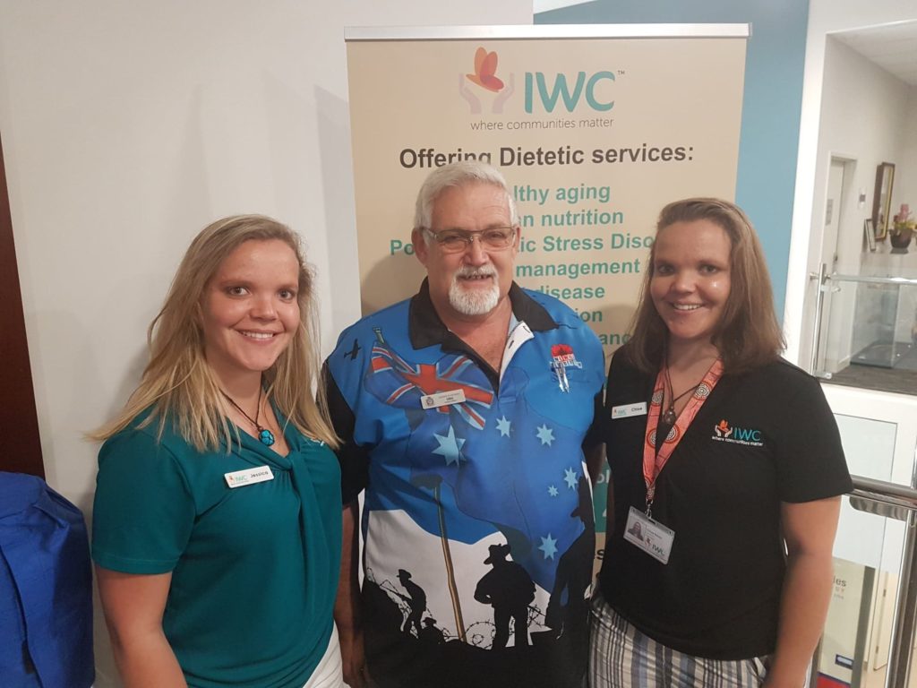 Dietitians Jessica Bauer and Chloe Bauer with Eddie Stockhill of the Bundaberg RSL Sub-Branch.