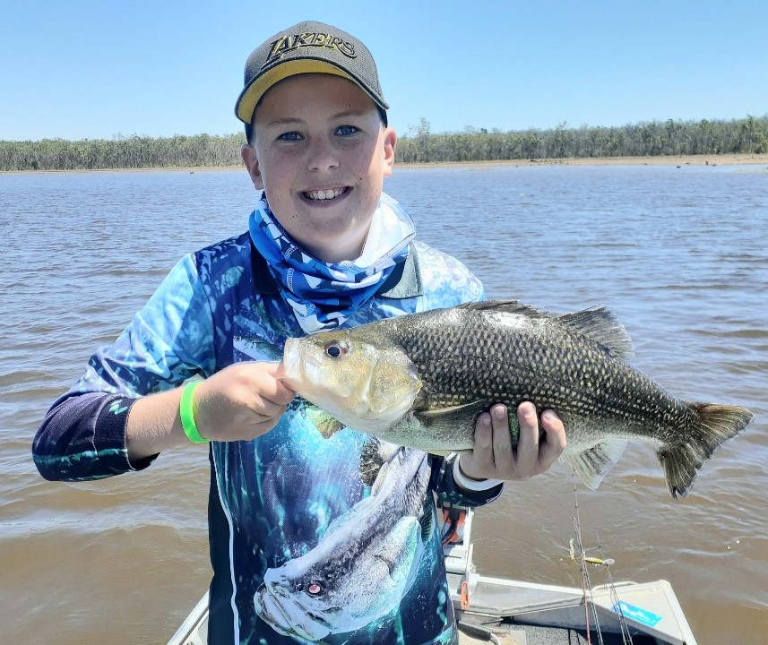 Young Ashton Anderson with his biggest bass to date, caught at Lenthalls Dam recently.