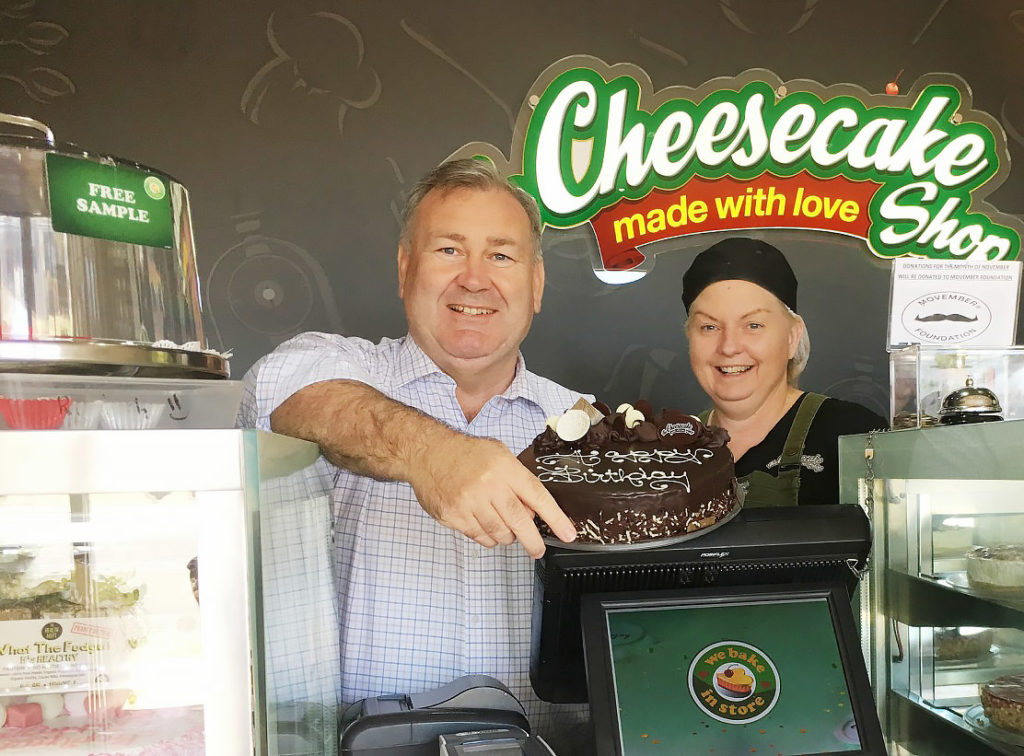 Mayor Jack Dempsey with Glenda Dunphy at The Cheesecake Shop Bundaberg. 