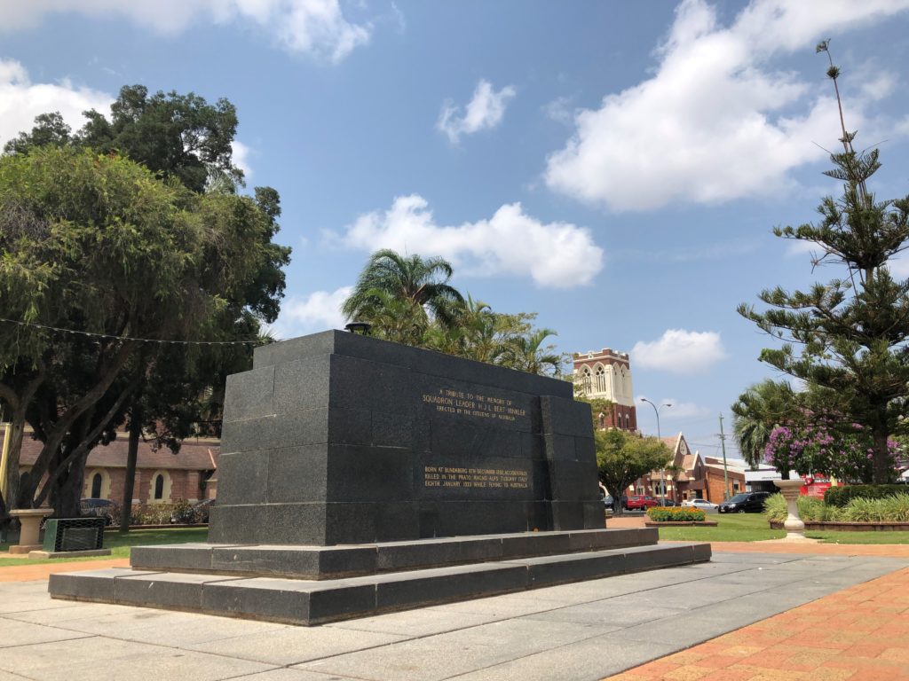 Monument to Bert Hinkler holds pride of place in the centre of Buss Park.