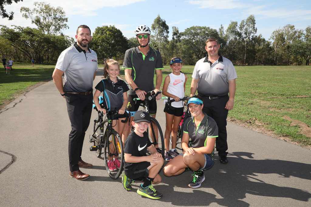 Christopher Makin, Tessa Millbank, Jack Milbank, Ashlee Kersnovske, Jason Moyle, Baylin McKay and Rebecca Jenner at the Bundaberg Criterium Track getting in some fitness activity before the Aquathon event on Sunday.