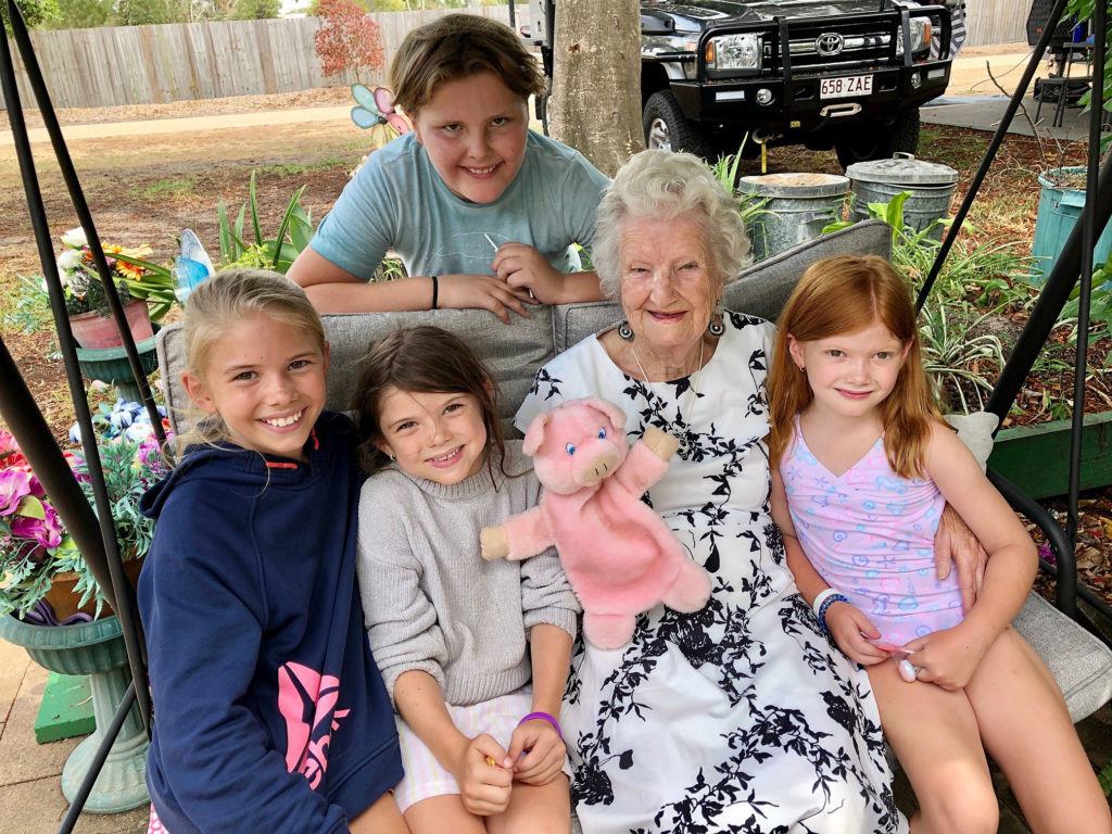 Barbra Marshall with visitors to her Fantasy Garden Kayla, Miley and Jayda Ludke and Thomas Cluff.