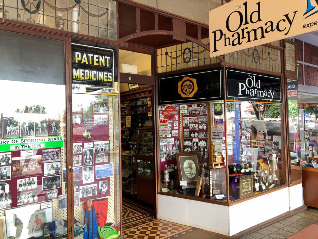Sport and sporting achievement forms a themed window display at the Old Pharmacy in Childers.
