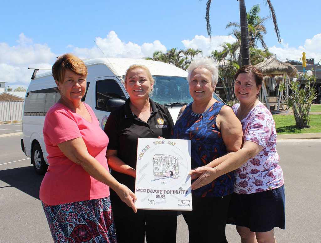 Key players in the drive to source a new community bus for Woodgate Beach residents are (from left) Pauline Greer (Secretary), Debbie Lindeberg (Woodgate Beach Hotel manager); Margaret Featherstone (President) and Julie Cleave (Hotel staff member). The hotel provided fund raising opportunities and its older commuter bus for the extended use of Woodgate Beach residents while the new bus is currently on order.