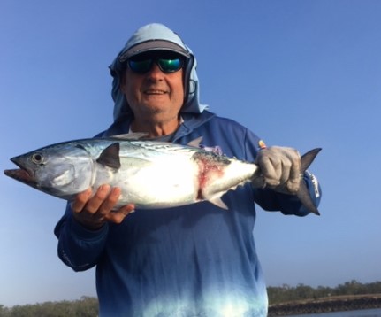 Steve Rattray with the 67cm mac tuna he caught at Kirby’s Wall recently. It has some battle scars but was otherwise healthy