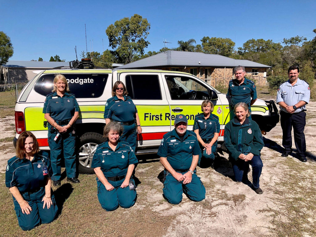 A section of the Woodgate First Responders at their beachside training rooms on Saturday. Pictured (kneeling from left) Sue Schulz, Wendy McLaughlin, Greg McLaughlin, Daphne Brettell and Susie Barr. (Standing) Wendy Gearside, Jacquie Rogerson, Warren Smith (QAS) and Michael Formica (QAS, OIC Childers).