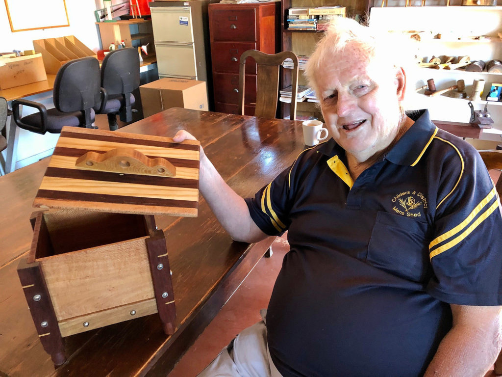 Peter Englart with a piece he is currently working on during his mornings at the Childers Men's Shed.