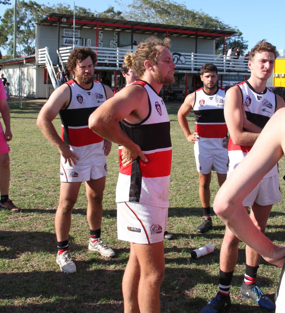 Michael Lovett catches his breath at half-time of his 150th Senior game for Brothers Bulldogs last Saturday