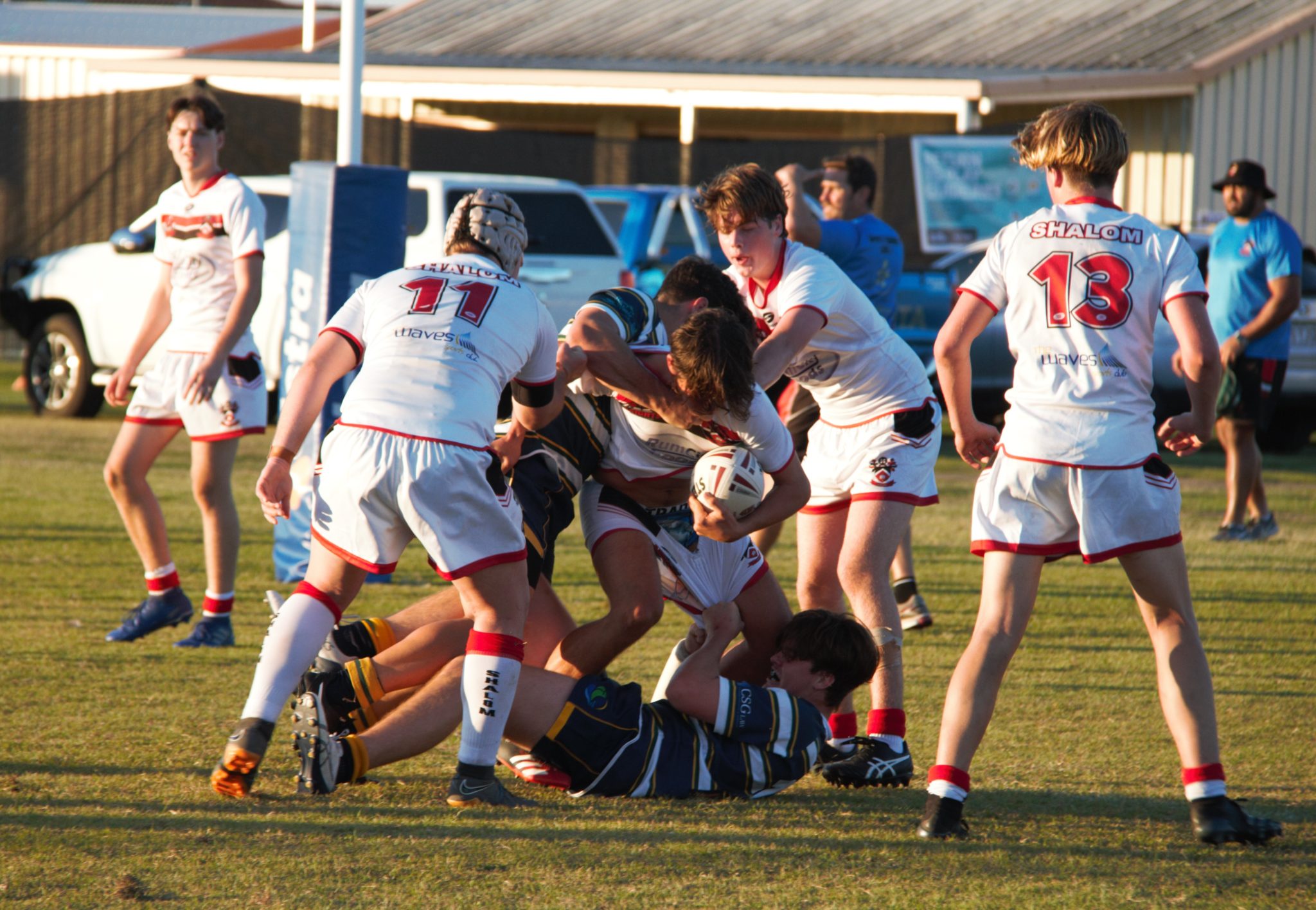 Shalom’s Matt Jackson is tackled in their win against Xavier College last week