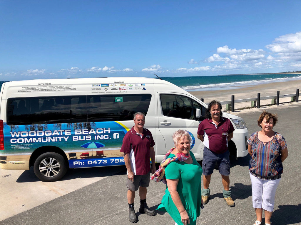 Bright, bold and beautiful. The new Woodgate Beach Community Bus is an unmissable sight throughout the region. Celebrating the new bus are (from left) Men’s Shed representatives Russell Perrett (President) and Bruce Andrews (Secretary) and Bus Committee members Margaret Featherstone (President) and Pauline Greer (Secretary).