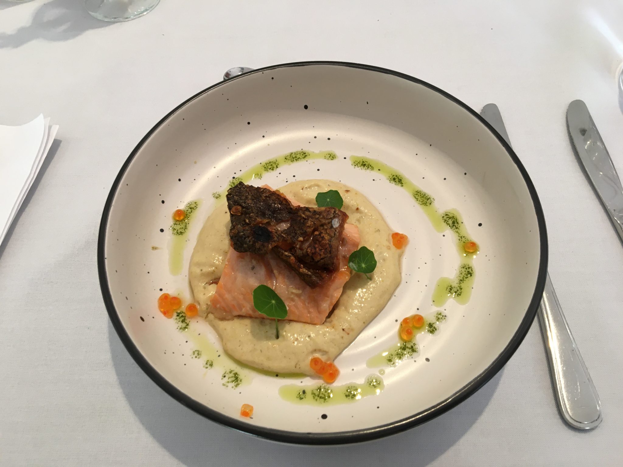 Crispy skin salmon and shell scallops were part of the six course degustation lunch. 