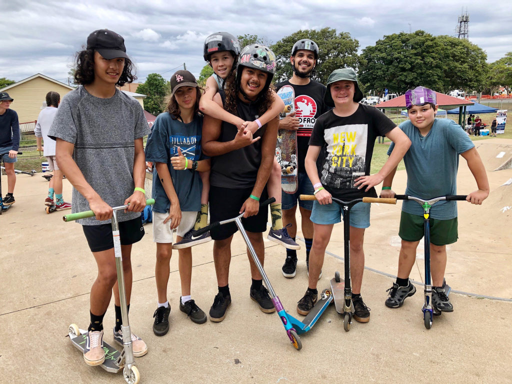 Enjoying the Skate with a Mate day at the Childers Skatepark were riders (from left) Tylah Dunn, Deon Cutting, Seth Frazer, Santarr Pettitt, Tamatoa Heard, Tristian Strange and Teonewa.