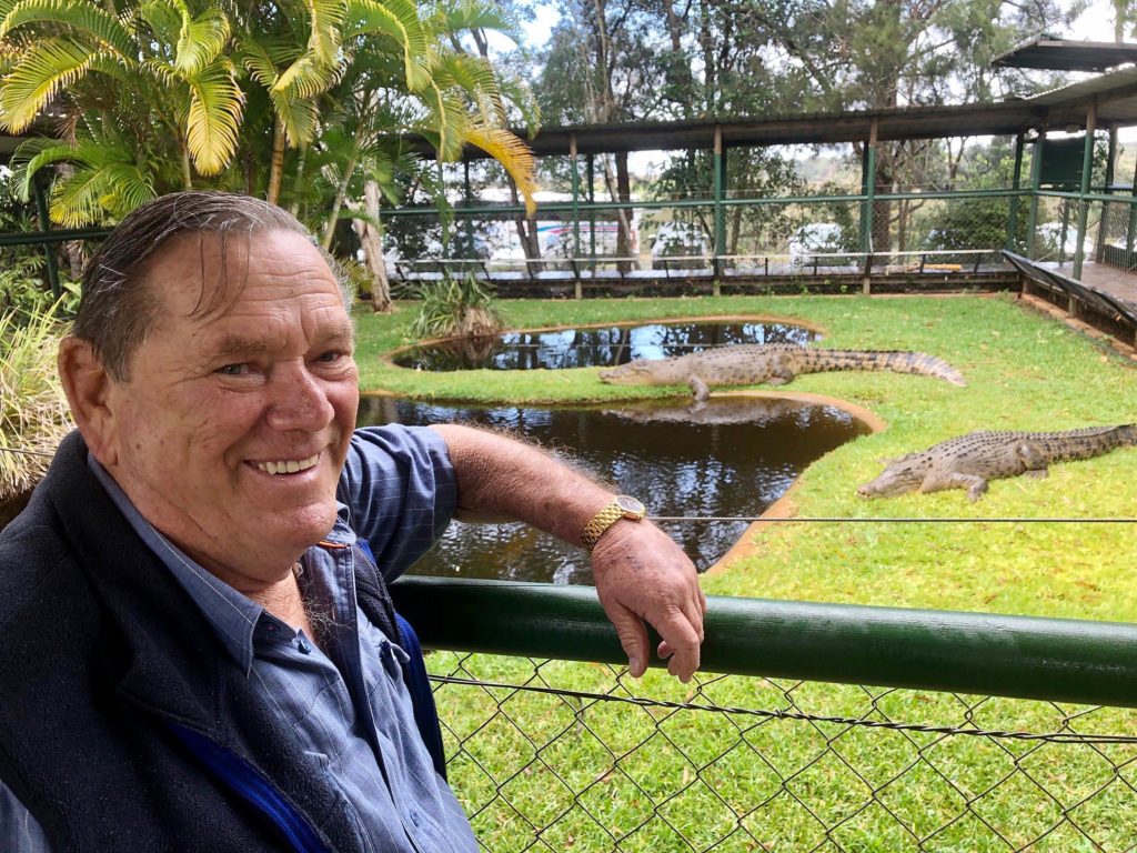 Never smile at a crocodile! Childers APSLQ co-ordinator Maurie Styles check out the main attraction at Snakes Downunder..