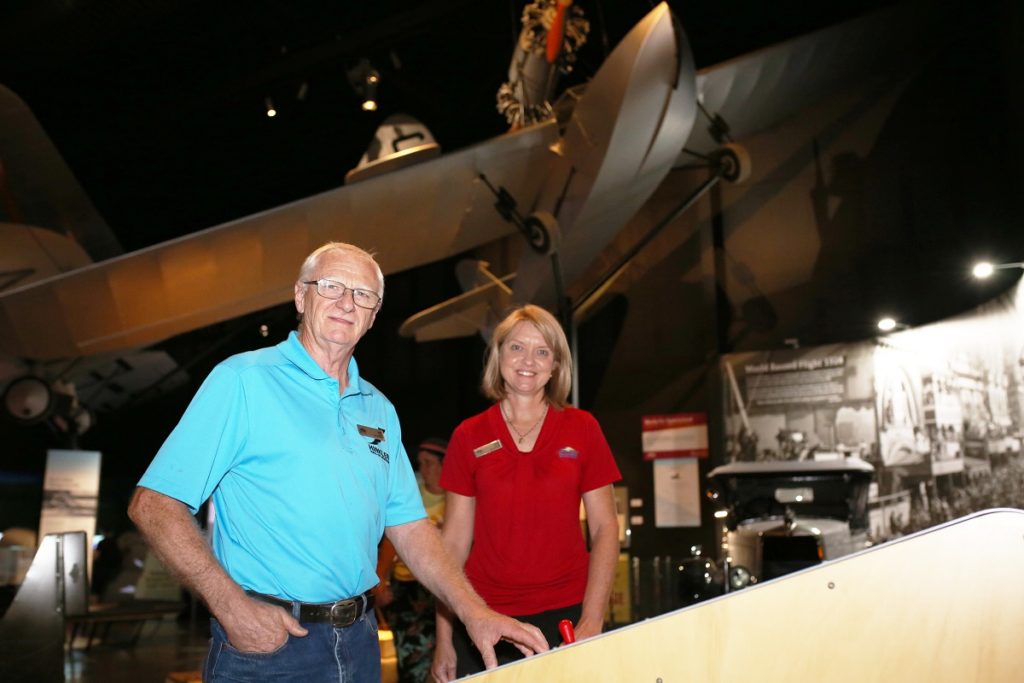 Supervisor at Hinkler Hall of Aviation Tracey Kelly and Volunteer Geoff Woodspey 