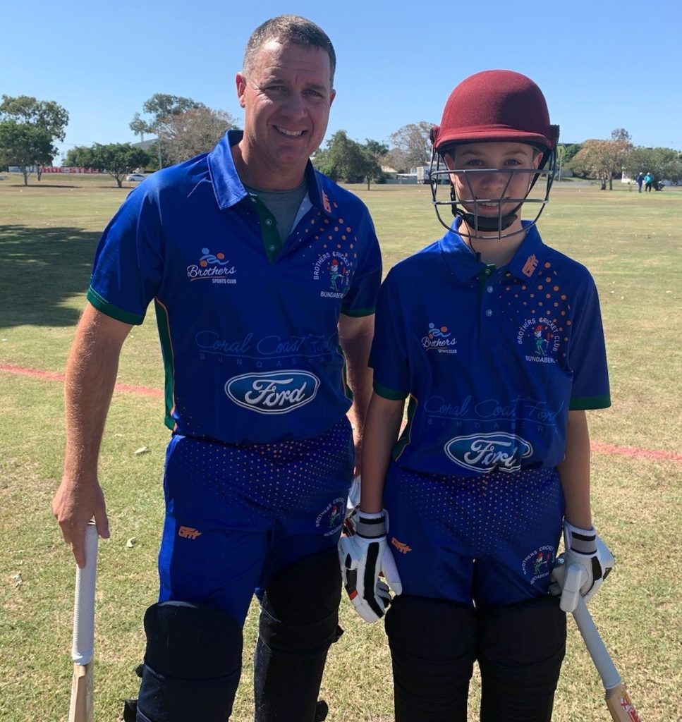 Father and son David and Oliver Boge on the way to the crease for Brothers in their first game playing together