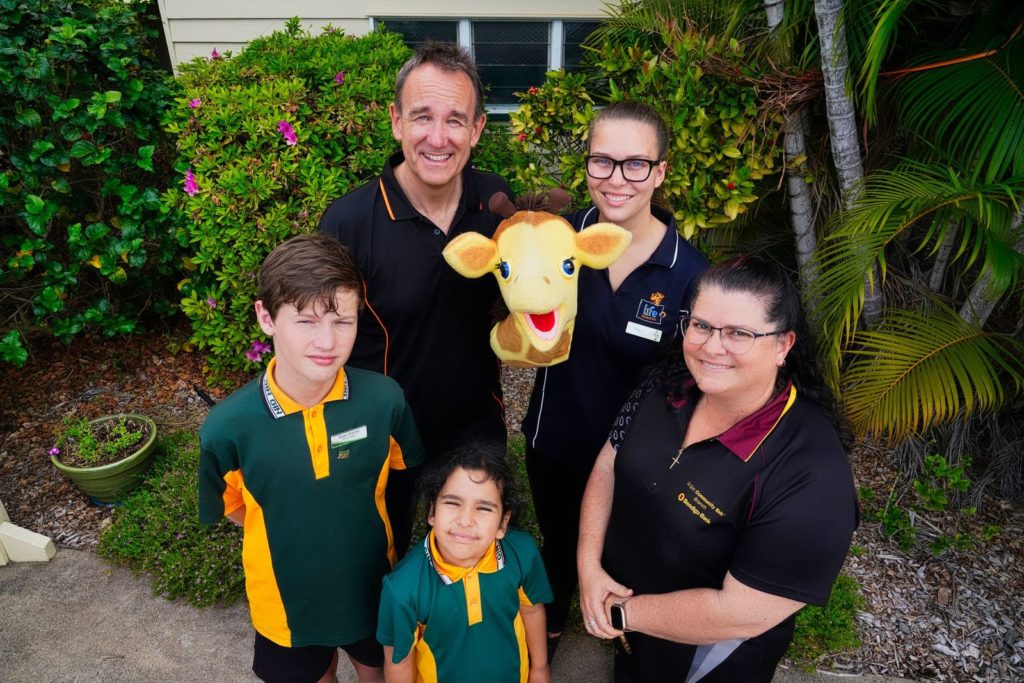 L-R Gin Gin captain Sean Warner, Life Education Qld CEO Michael Fawsitt, program educator Ellen Patane, Gin Gin Community Bank's Susan Bengtson & prep's Jasmine Esfahani (1)