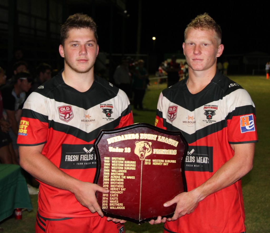 Wests Panthers co-captains Jensen Deamer and Joel Baldwin with the Bundaberg Under-18 Premiership Shield after their Rugby League Grand Final victory