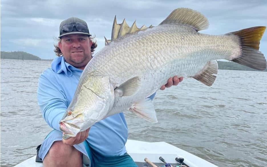 Jordan Stoddart with a very healthy barra pulled from the dam on one of his favourite lures, the Molix 140 Shad