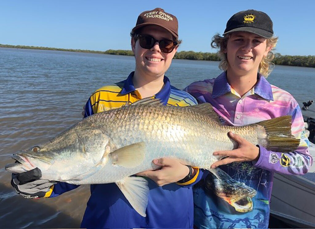 Brock and Brenton Catasti with a 101cm barra they caught whilst flicking for flatties