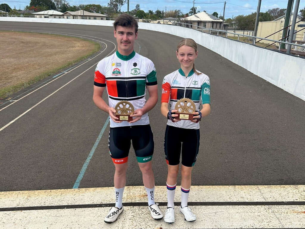 Bundaberg Cycling club members: Elise Vaughan – junior cyclist and Joey Black – elite cyclist. Joey is the defending champion of the Bundaberg Cycling Spectacular Elite Wheelrace.