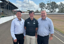 Bundaberg Cycling Club president Wayne Morden with Cr Vince Habermann and Mayor Jack Dempsey at the Kevin Brogden Velodrome.