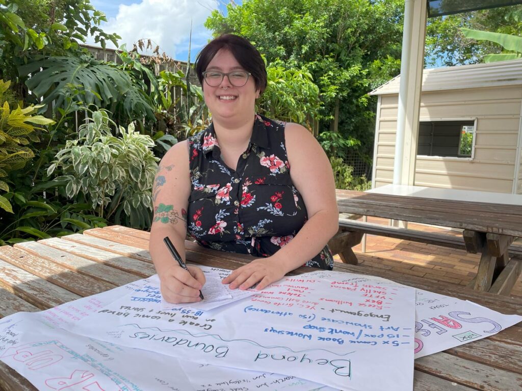 Wide Bay Kids employee and Project Coordinator, Brianna Laskai hard at work planning the
upcoming creative workshops for ‘Beyond Boundaries’.