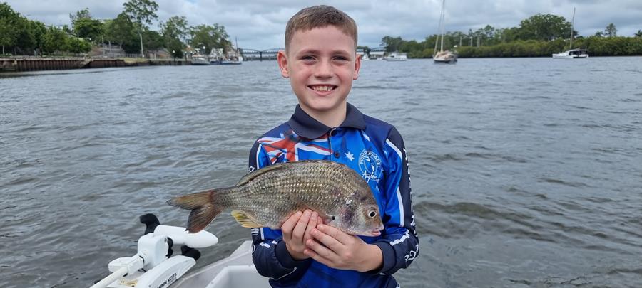Elijah Wood with a nice 30cm bream caught in the Burnett. quality fishing