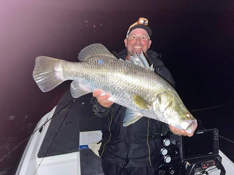 Terry Allwood with a solid barra caught during the Humminbird Lake Monduran Barra Classic last weekend.