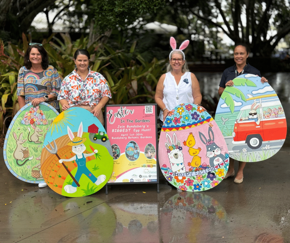 Egg sponsors left to right: Alison Colville- Little Life Warriors Gayle Reynolds - The Cook Club Tina Marshall - Carinbundi Kids Family Day Care Marlene Curreen- Tyrepower