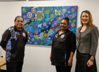 Mayor Helen Blackburn with Byron Broome and Nikki Tiger ahead of the NAIDOC Week Flag Raising Gathering.